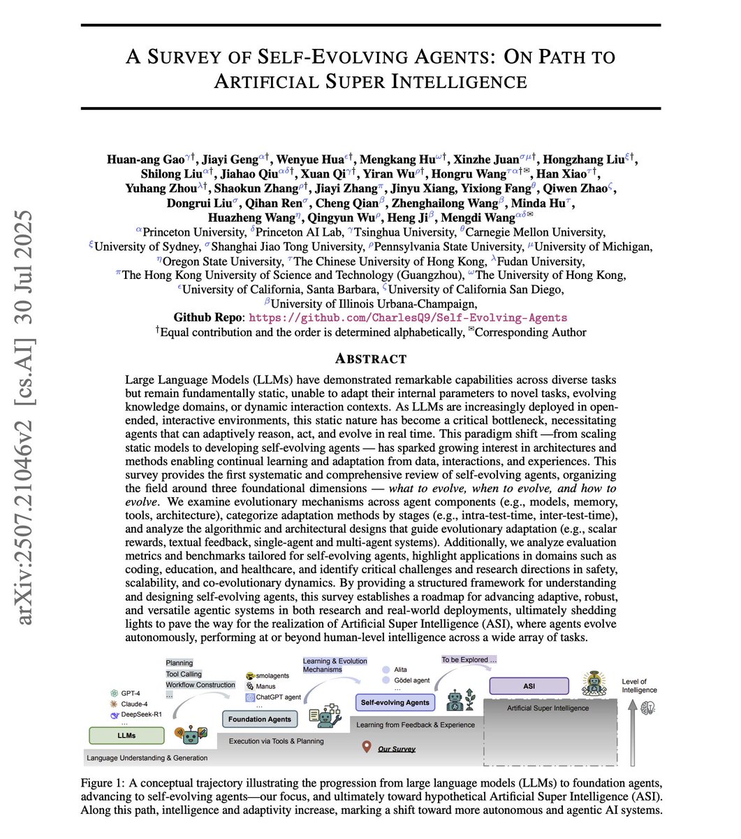 Self-evolving agents are an important component to artificial superintelligence. 

Finally, there is a survey paper on the topic. 

I believe it covers a lot of the important literature on self-evolving agents. 

A top read for the weekend!