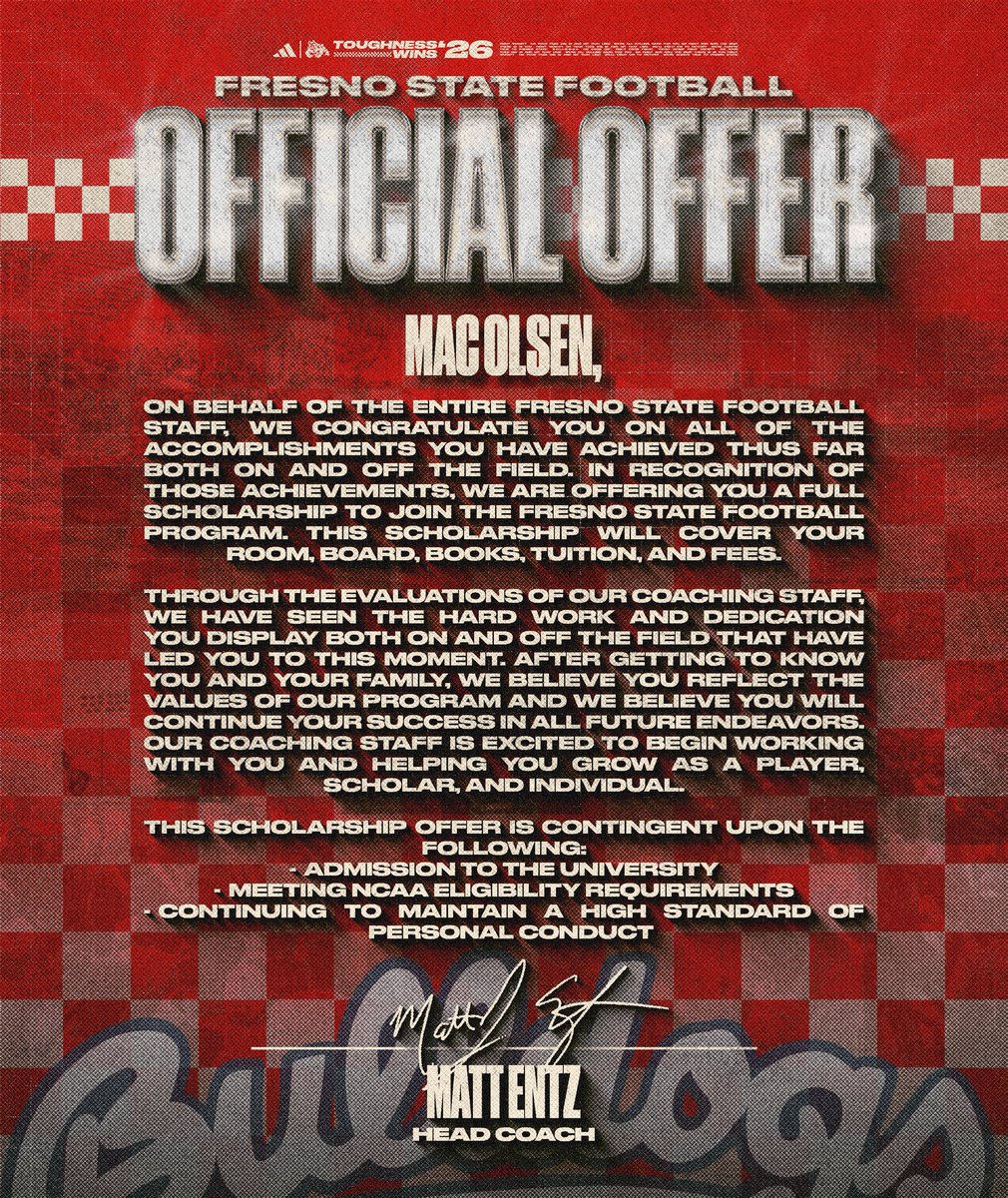 Mac Olsen (@macolsen83) on Twitter photo Thank you to everyone at <a href="/FresnoStateFB/">Fresno State Football</a> for believing in me and my talents! GO BULLDOGS🔴🔵
<a href="/CoachGigli/">Jordan Gigli</a> <a href="/Jaden_Diamond2/">Jaden Diamond</a> <a href="/NickBenedetto_/">Nick Benedetto</a> <a href="/jakerasmussen_/">Jake Rasmussen</a> <a href="/Coach_Entz/">Coach Matthew Entz</a> Thank you to everyone at <a href="/FresnoStateFB/">Fresno State Football</a> for believing in me and my talents! GO BULLDOGS🔴🔵
<a href="/CoachGigli/">Jordan Gigli</a> <a href="/Jaden_Diamond2/">Jaden Diamond</a> <a href="/NickBenedetto_/">Nick Benedetto</a> <a href="/jakerasmussen_/">Jake Rasmussen</a> <a href="/Coach_Entz/">Coach Matthew Entz</a>