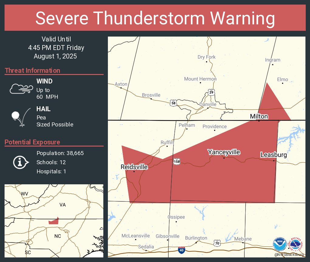 Severe Thunderstorm Warning including Reidsville NC, Yanceyville NC and  Milton NC until 4:45 PM EDT