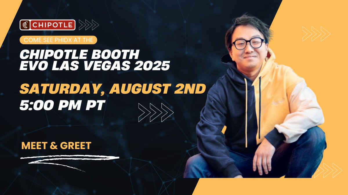 PhiDXGames's tweet photo. Come see me at the @ChipotleTweets booth from 5-6PM PT on Saturday for a meet & greet!
I'll be talking games, signing, taking pictures and hanging out. Can't wait to meet you all, see you there!
#ChipotlePartner ๐ฏ https://t.co/R1XopFPTgf