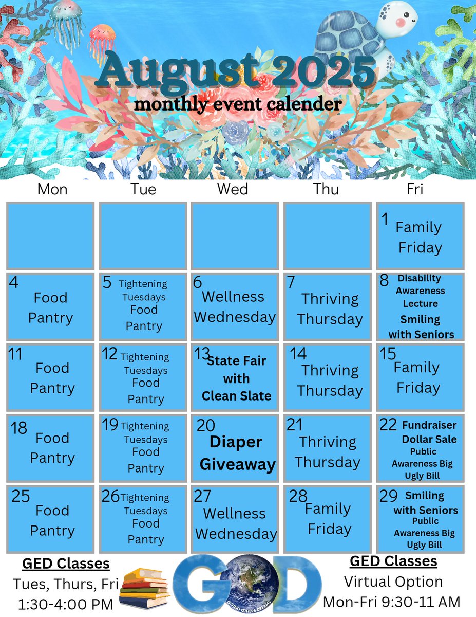 🗓️ Here is G.O.D's Official Calendar for the month of August! 💙🤩 Join us for a month full of fun

#AugustCalender #GIVINGOTHERSDREAMS #Chicago #SouthChicago