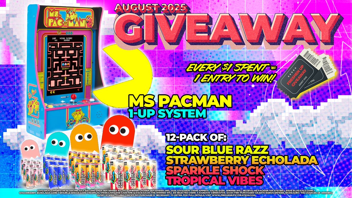 🎮🚨 𝐆𝐈𝐕𝐄𝐀𝐖𝐀𝐘 𝐓𝐈𝐌𝐄! 🚨👻

WIN a Ms. PAC-MAN 1-Up Arcade System 🕹️

4 CASES of cans — one for EACH ghost:
💙 Inky • 💗 Pinky • 🧡 Clyde • ❤️ Blinky

💙Sour Blue Razz
💗Sparkle Shock
🧡Tropical Vibes
❤️Strawberry Echolada

🏆 HOW TO ENTER:
Every $1 spent = 1 🎟️ ENTRY