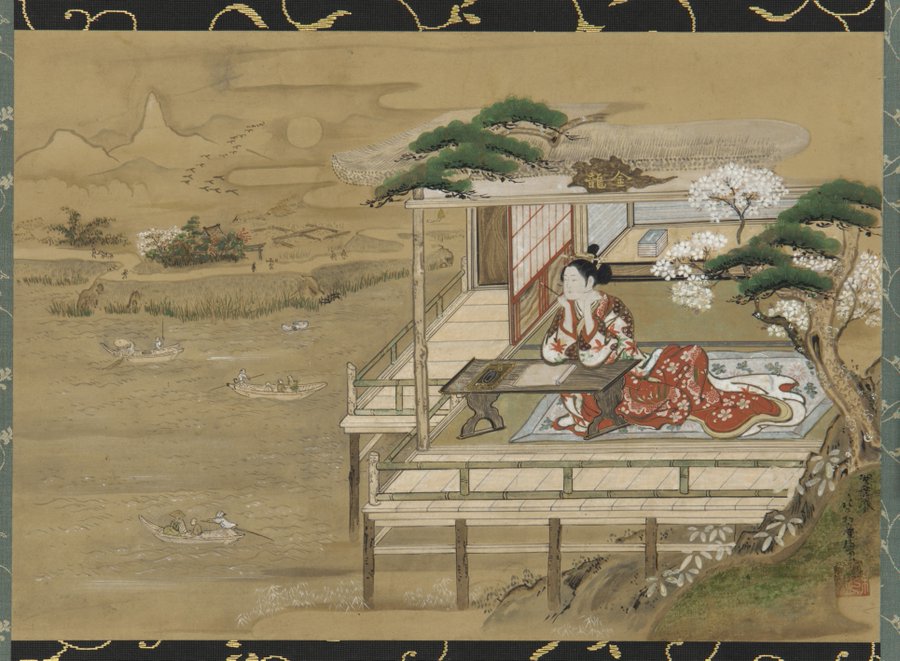JapanTraCul's tweet photo. Murasaki Shikibu composing the Tale of Genji at Ishiyamadera, by Gakutei Harunobu, 19th century https://t.co/HmFOBREKOR
