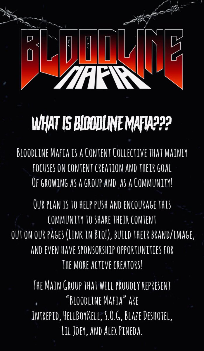 BLOODLINE MAFIA (@bl00dlinemafia) on Twitter photo “What is Bloodline Mafia???” 🩸🤳🏻📸
<a href="/TheRealIntrepid/">Intrepid</a> <a href="/hellboykellx/">POOLBOYKELL</a> <a href="/sogboxing/">SOG</a> <a href="/Yo_itsBlaze/">Blaze Deshotel</a> <a href="/HeyLilJoey/">Lil Joey</a> <a href="/alex_pineda8285/">XANDER‼️</a> “What is Bloodline Mafia???” 🩸🤳🏻📸
<a href="/TheRealIntrepid/">Intrepid</a> <a href="/hellboykellx/">POOLBOYKELL</a> <a href="/sogboxing/">SOG</a> <a href="/Yo_itsBlaze/">Blaze Deshotel</a> <a href="/HeyLilJoey/">Lil Joey</a> <a href="/alex_pineda8285/">XANDER‼️</a>