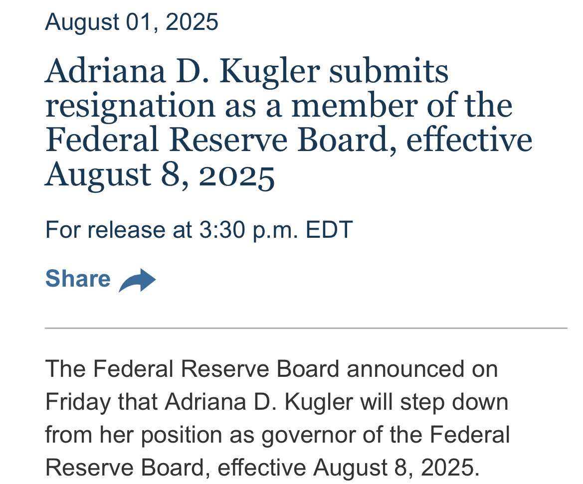 What is happening…

Adriana Kugler, a voting member of the Federal Reserve, is resigning next week.

Trump gets to appoint her replacement. Powell will now have a third dissenting vote in September if he still doesn’t want to cut.