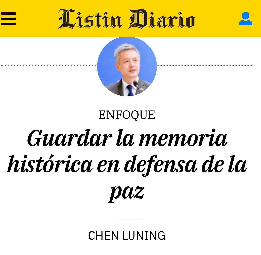 Luis González - LGC - Ciudadano del Mundo (@luisrgonzalezh) on Twitter photo Recomiendo leer este excelente, artículo publicado en el <a href="/ListinDiario/">LISTÍN DIARIO</a> de la autoría del Embajador de China en la República Dominicana Chen Luning <a href="/EmbChenLuning/">CHEN Luning 陈鲁宁</a> <a href="/ChinaEmbajadaRD/">EmbajadaChinaenRD</a>
Guardar la memoria histórica en defensa de la paz listindiario.com/puntos-de-vist… Recomiendo leer este excelente, artículo publicado en el <a href="/ListinDiario/">LISTÍN DIARIO</a> de la autoría del Embajador de China en la República Dominicana Chen Luning <a href="/EmbChenLuning/">CHEN Luning 陈鲁宁</a> <a href="/ChinaEmbajadaRD/">EmbajadaChinaenRD</a>
Guardar la memoria histórica en defensa de la paz listindiario.com/puntos-de-vist…