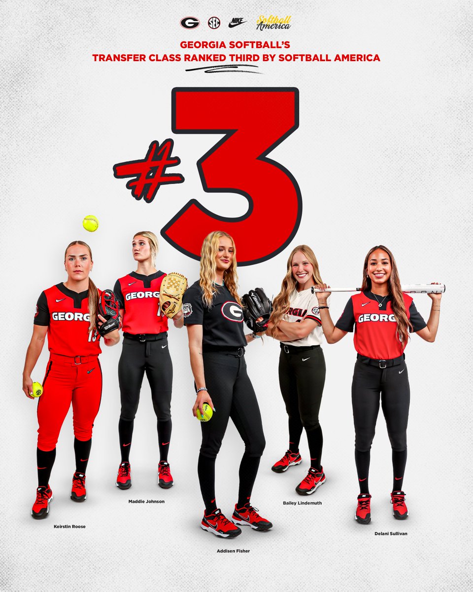Georgia Softball (@ugasoftball) on Twitter photo Georgia's transfer class of <a href="/AddisenFisher/">Addisen Fisher</a>, <a href="/MaddieBJohnson3/">Maddie Johnson</a>, <a href="/B_Lindemuth2024/">Bailey Lindemuth</a>, <a href="/KeirstinRoose/">Keirstin Roose</a>, and <a href="/_delanisullivan/">Delani Sullivan</a> has been ranked #️⃣3️⃣ in the country by <a href="/SoftbalAmerica/">Softball America</a>‼️ That ranking is top of the <a href="/SEC/">Southeastern Conference</a>‼️
#Team30 | #GoDawgs Georgia's transfer class of <a href="/AddisenFisher/">Addisen Fisher</a>, <a href="/MaddieBJohnson3/">Maddie Johnson</a>, <a href="/B_Lindemuth2024/">Bailey Lindemuth</a>, <a href="/KeirstinRoose/">Keirstin Roose</a>, and <a href="/_delanisullivan/">Delani Sullivan</a> has been ranked #️⃣3️⃣ in the country by <a href="/SoftbalAmerica/">Softball America</a>‼️ That ranking is top of the <a href="/SEC/">Southeastern Conference</a>‼️
#Team30 | #GoDawgs