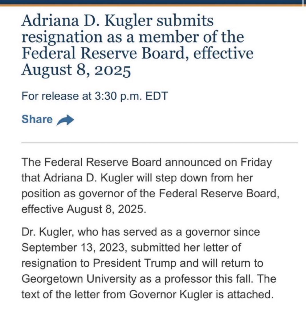 GabrielAlex0527's tweet image. 🔥🔥🔥🔥🔥🔥🔥🔥🔥🔥🔥🔥🔥 BREAKING: Fed Governor Adriana Kugler RESIGNS effective Aug 8, opening a key slot for President Trump to shape the Federal Reserve’s future. Time for bold changes at the Fed! #FederalReserve #KuglerResigns #TrumpNominee #MonetaryPolicy