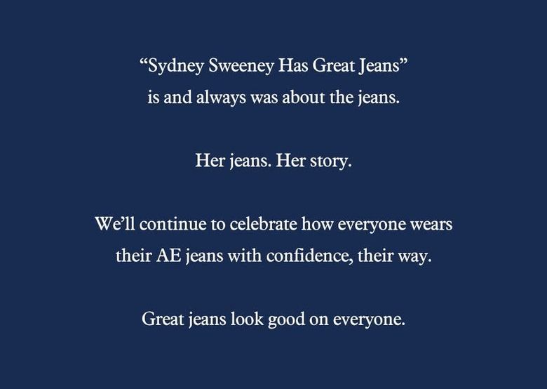 yashar's tweet photo. American Eagle’s first statement since they launched the Sydney Sweeney campaign. https://t.co/IQM8qfm5Vd