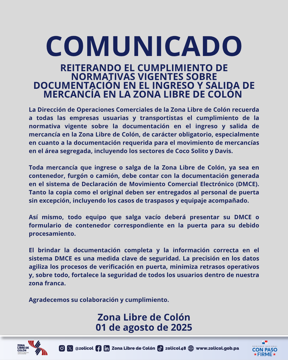 #ConPasoFirme| 📢 ¡Atención empresas usuarias y transportistas!
Recordamos que no se trata de una nueva norma, sino del cumplimiento obligatorio de las regulaciones vigentes de la Zona Libre de Colón.