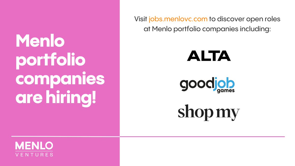 ✨#NowHiring ✨ 

The consumer AI wave is here - with nearly 2 billion people are now using AI tools. At Menlo VC, we're backing founders building consumer x AI tech including these startups that are hiring: 👗 Alta, 🎮 Good Job Games, and 🛍️ShopMy.  mnlo.vc/Careers