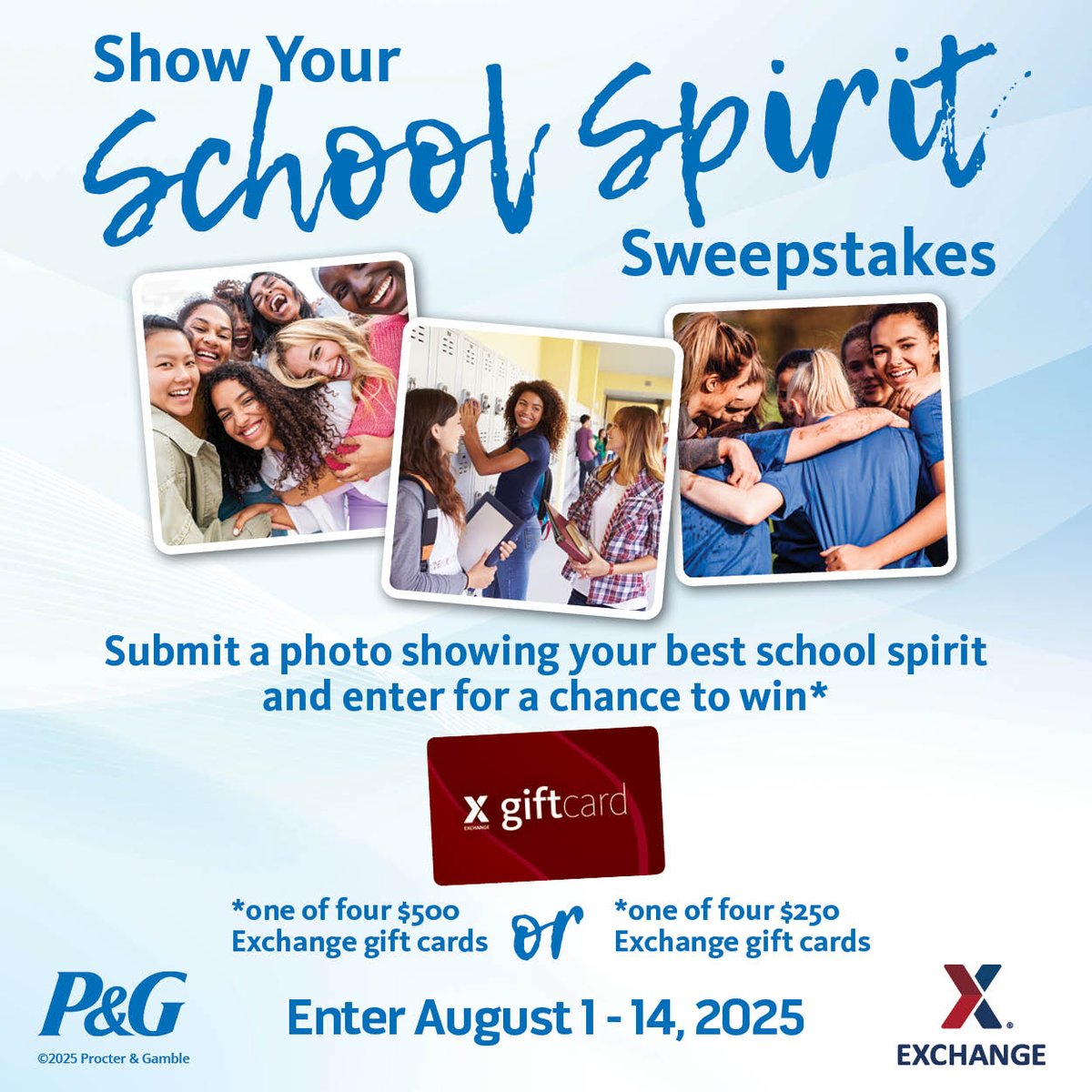 You could win a $500 or $250 Exchange gift card!

Simply submit a photo showing your best school spirit to enter for a chance to win at aafes.media/4obYavj