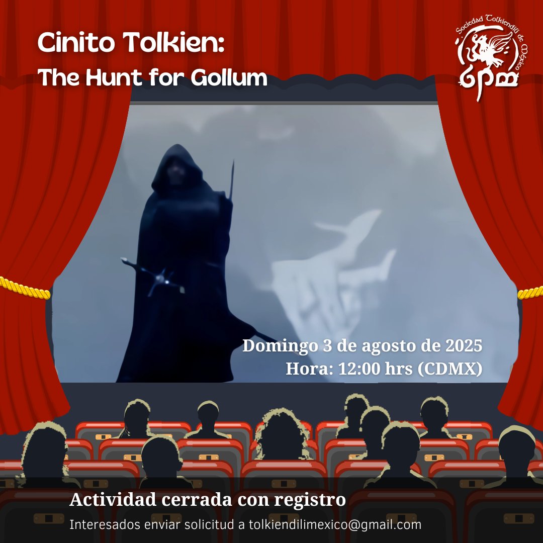 #CinitoTolkien  Una función más para disfrutar en comunidad, en esta ocasión veremos y comentaremos "The Hunt of Gollum". 📽️🎞️🍿

Si estás interesado(a) en unirte a esta actividad, envíanos un email. 

Domingo 3 de agosto 12h (CDMX)

#YoLeoATolkien con la #STMAC