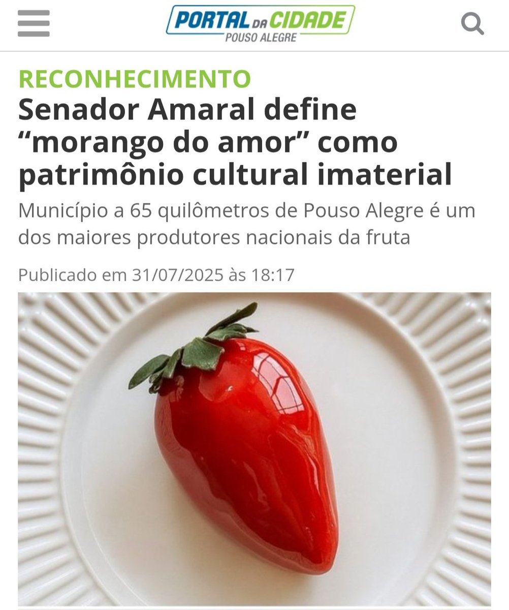 Parabéns à querida Senador Amaral, que reconheceu o morango do amor como patrimônio cultural imaterial do município! Uma das maiores produtoras de morango do Brasil, com 32 mil toneladas por ano, a cidade agora transforma o doce em símbolo da tradição do nosso Sul de Minas! 👏