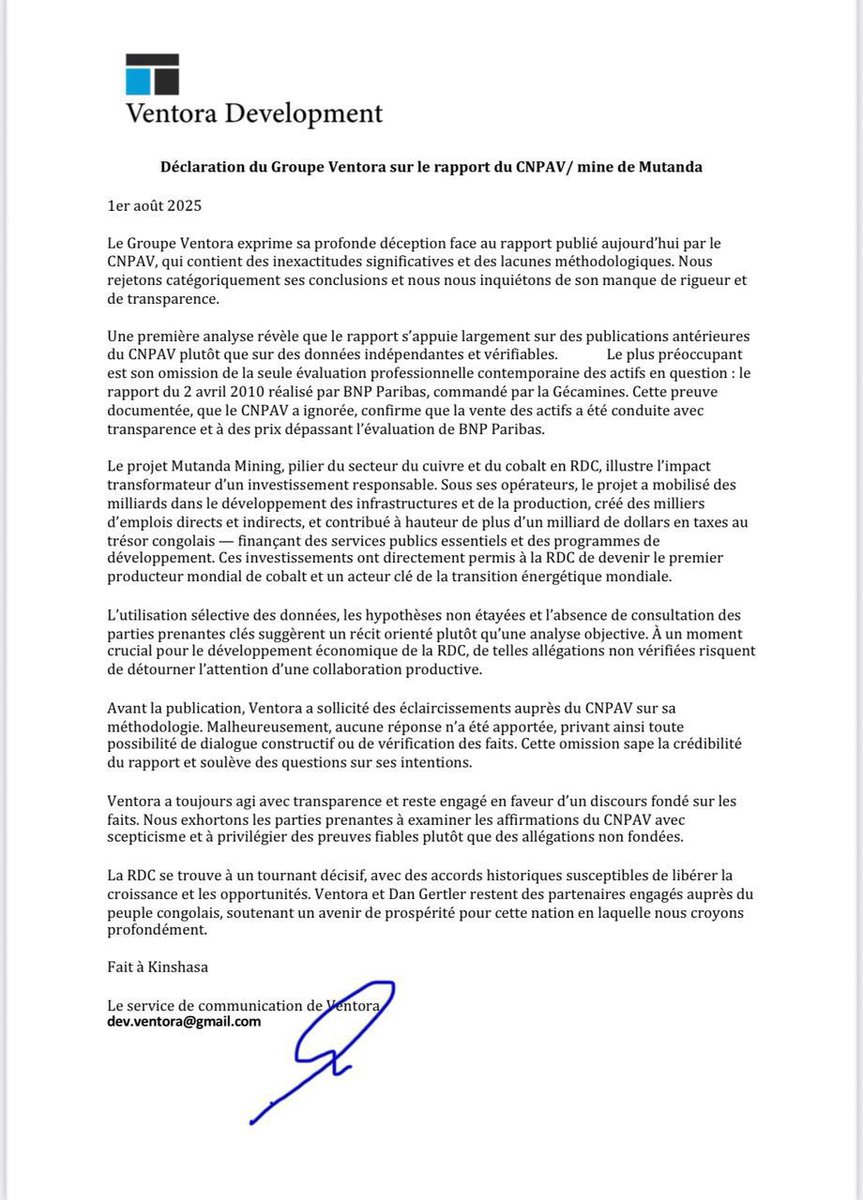 Un communiqué pas si étonnant que ça. Ventora n'a jamais admis la vérité et répondu avec des faits. Ça devient fatiguant. Qu'il publie le rapport du BNP ainsi que les contrats d'achat et de revente de Mutanda et on en parle. Tous les mensonges et tout l'argent de la corruption