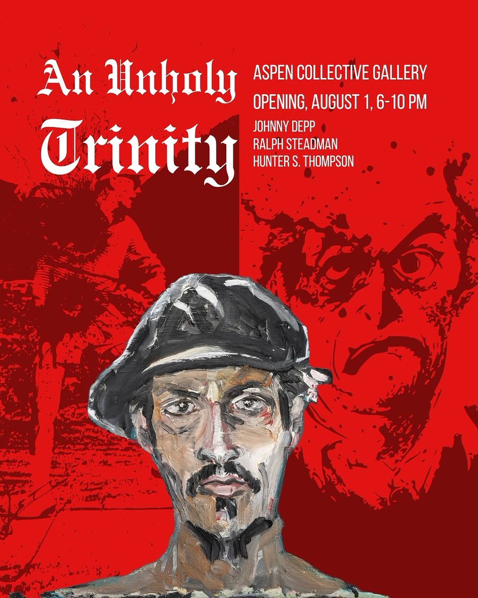 JerrieDepp's tweet photo. An Unholy Trinity featuring never-before-seen artwork by #JohnnyDepp, @SteadmanArt & #HunterThompson 🖤
Opens tonight, 6–10 PM at Aspen Collective Gallery
📍213 S. Mill Street, Aspen
(Repost: AspenCollectiveGallery’s IG) https://t.co/TAiZSQ9cHx