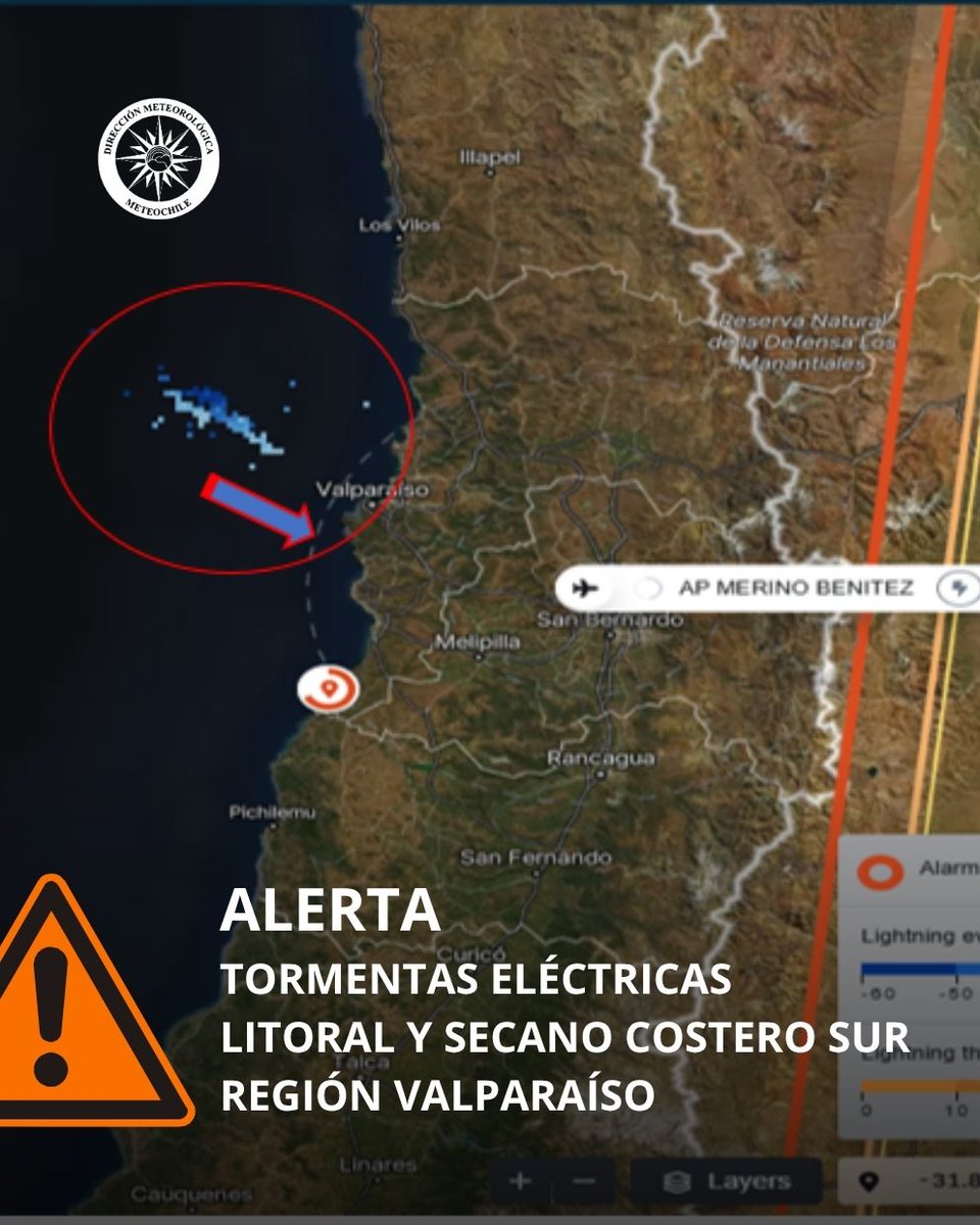 meteochile_dmc's tweet photo. #TormentasEléctricas ⚡ | #SistemaFrontal
Actividad eléctrica se detecta en la Región de #Valparaíso y a 100 km de Santiago, según Xweather GLD360 de #MeteoChile ⚠️ #Alerta AA73/225.
Se monitorea si las tormentas cruzan la cordillera de la costa.
👉 https://t.co/7XoTvzc3Jm https://t.co/6KHJIq6wtO