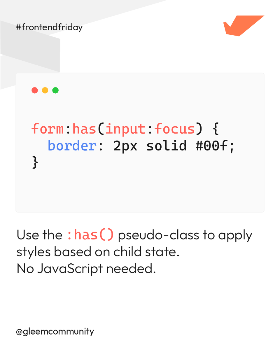 GleemCommunity's tweet photo. You don’t need JavaScript to check if an input is focused anymore. With the new :has() pseudo-class, CSS can now react to child states directly.

➡️ Save this tip ➡️ Try it in your next form #FrontendFriday #CSSTips #GleemCommunity #WebDev #Frontend https://t.co/vIZkqloXoI