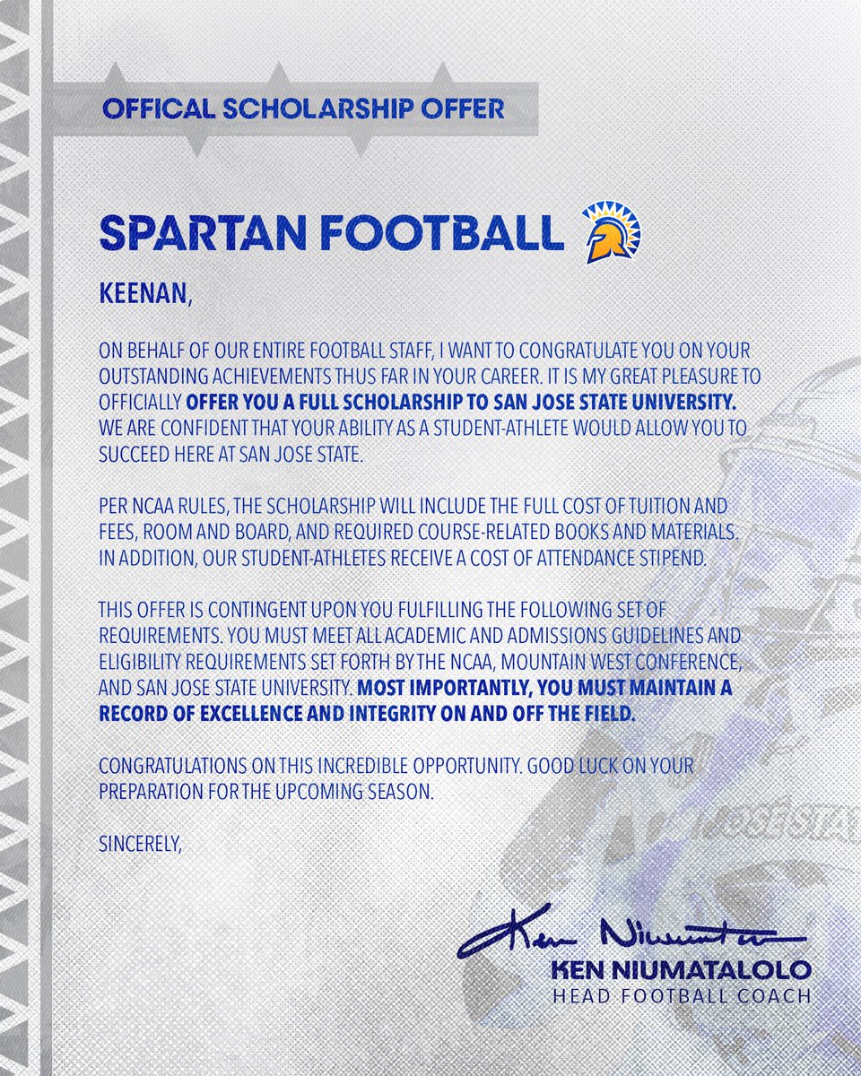 Thank you <a href="/SanJoseStateFB/">San José State Football</a> for the official offer graphic and letter this morning ⚔️🔹⚔️