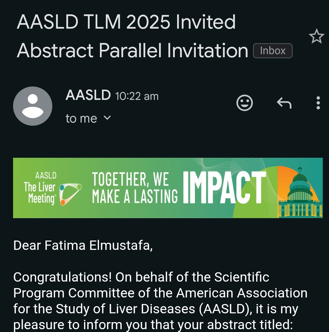 Fatima Elmustafa (@fatimaelmus) on Twitter photo Happy to share that I’ve been accepted for an oral presentation at the AASLD Liver Meeting <a href="/AASLDtweets/">AASLD</a> and collaborated on two posters of distinction!! Grateful to my mentors <a href="/singal_ashwani/">Ashwani Singal</a>, <a href="/mabdallahmd/">Mohamed Abdallah, MD</a>, and my amazing teammates!! Washington, DC, here we come!!
#AASLD Happy to share that I’ve been accepted for an oral presentation at the AASLD Liver Meeting <a href="/AASLDtweets/">AASLD</a> and collaborated on two posters of distinction!! Grateful to my mentors <a href="/singal_ashwani/">Ashwani Singal</a>, <a href="/mabdallahmd/">Mohamed Abdallah, MD</a>, and my amazing teammates!! Washington, DC, here we come!!
#AASLD