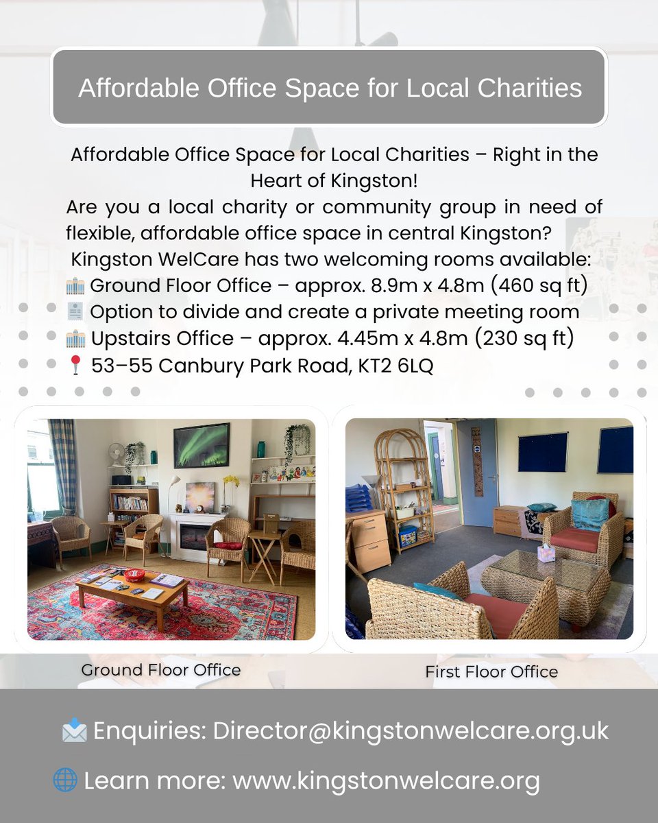 📢 Affordable office space in Kingston for local charities!
Two flexible rooms available at WelCare:
🏢 460 sq ft (can be split)
🏢 230 sq ft

📩 Director@kingstonwelcare.org.uk
your support in spreading the word would be greatly appreciated!