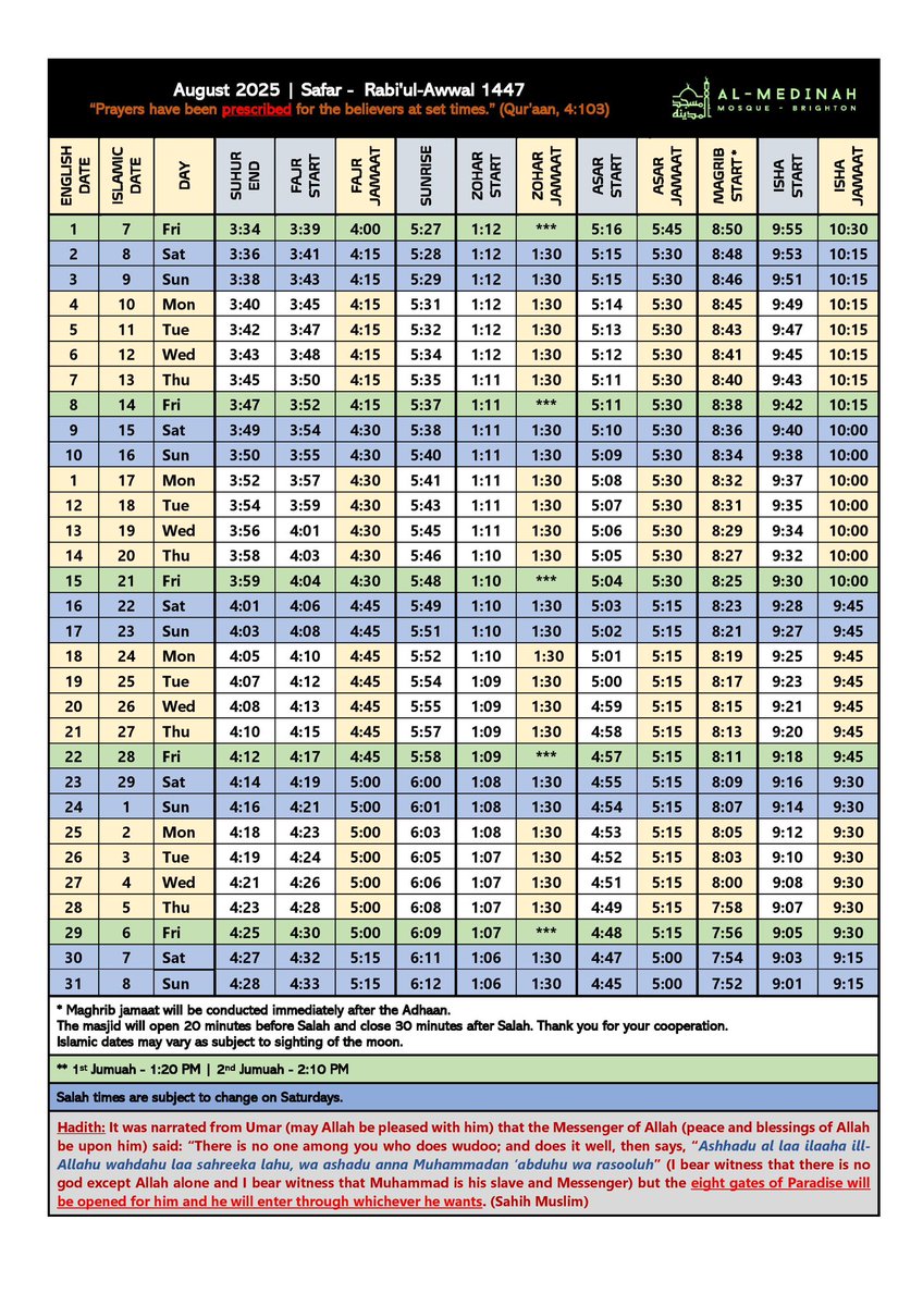 August 2025 prayer timetable