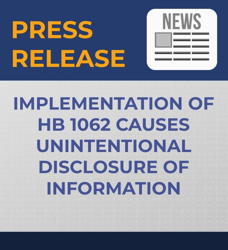 PRESS RELEASE: IMPLEMENTATION OF HB 1062 CAUSES UNINTENTIONAL DISCLOSURE OF INFORMATION

The full press release can be found on the Secretary of State’s website at: sdsos.gov//about-the-off….