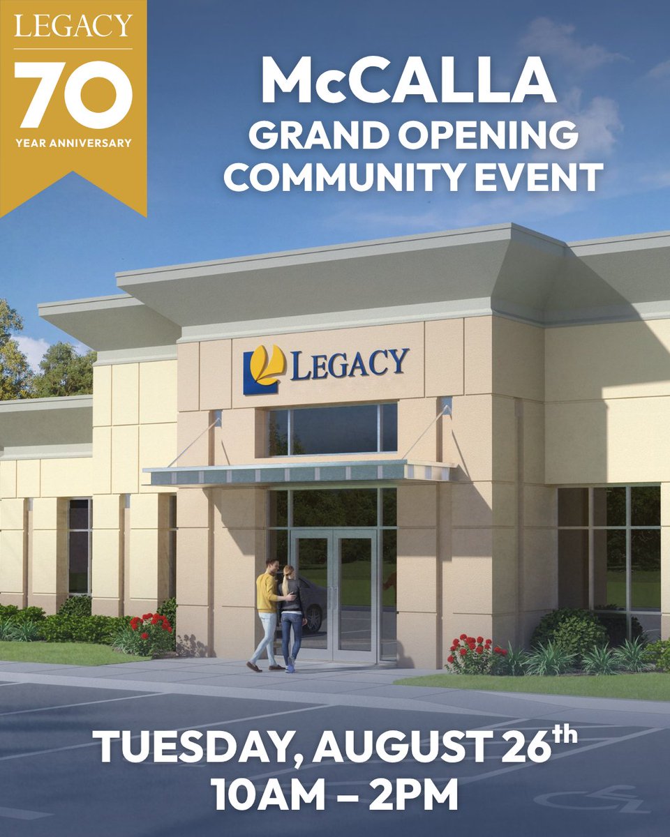 LegacyCU's tweet image. Let&apos;s celebrate! Join us for a grand opening community event at our new McCalla branch on Tuesday, August 26th from 10AM - 2PM. We&apos;ll have food trucks, games and prizes and much more! We look forward to seeing you there!
