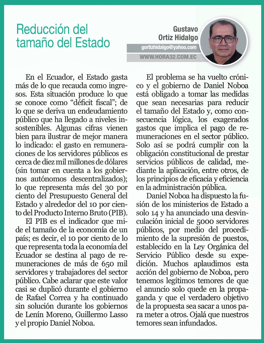 Reducción del tamaño del Estado

"Muchos aplaudimos esta acción del gobierno de Noboa, pero tenemos legítimos temores de que el anuncio solo quede en la propaganda".

Mi articulo en <a href="/HORA32LOJA/">HORA32</a> 👉 hora32.com.ec/reduccion-del-…