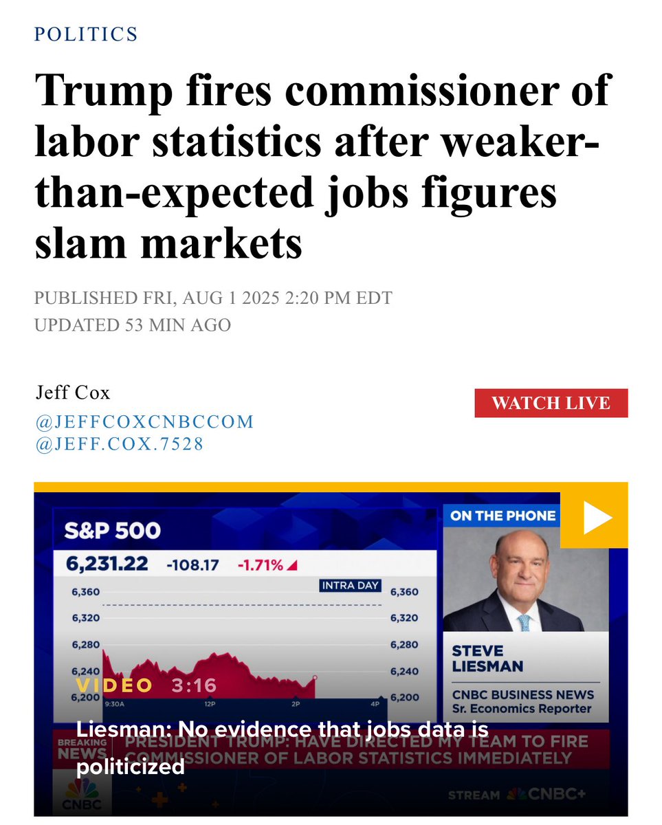 Firing the nonpartisan commissioner of Bureau of Labor Statistics just hours after a deeply worrying report showing serious job loss in manufacturing is what you'd expect in a Banana Republic. Dr. McEntarfer is nonpartisan, and was confirmed with 86 bipartisan votes. This is no