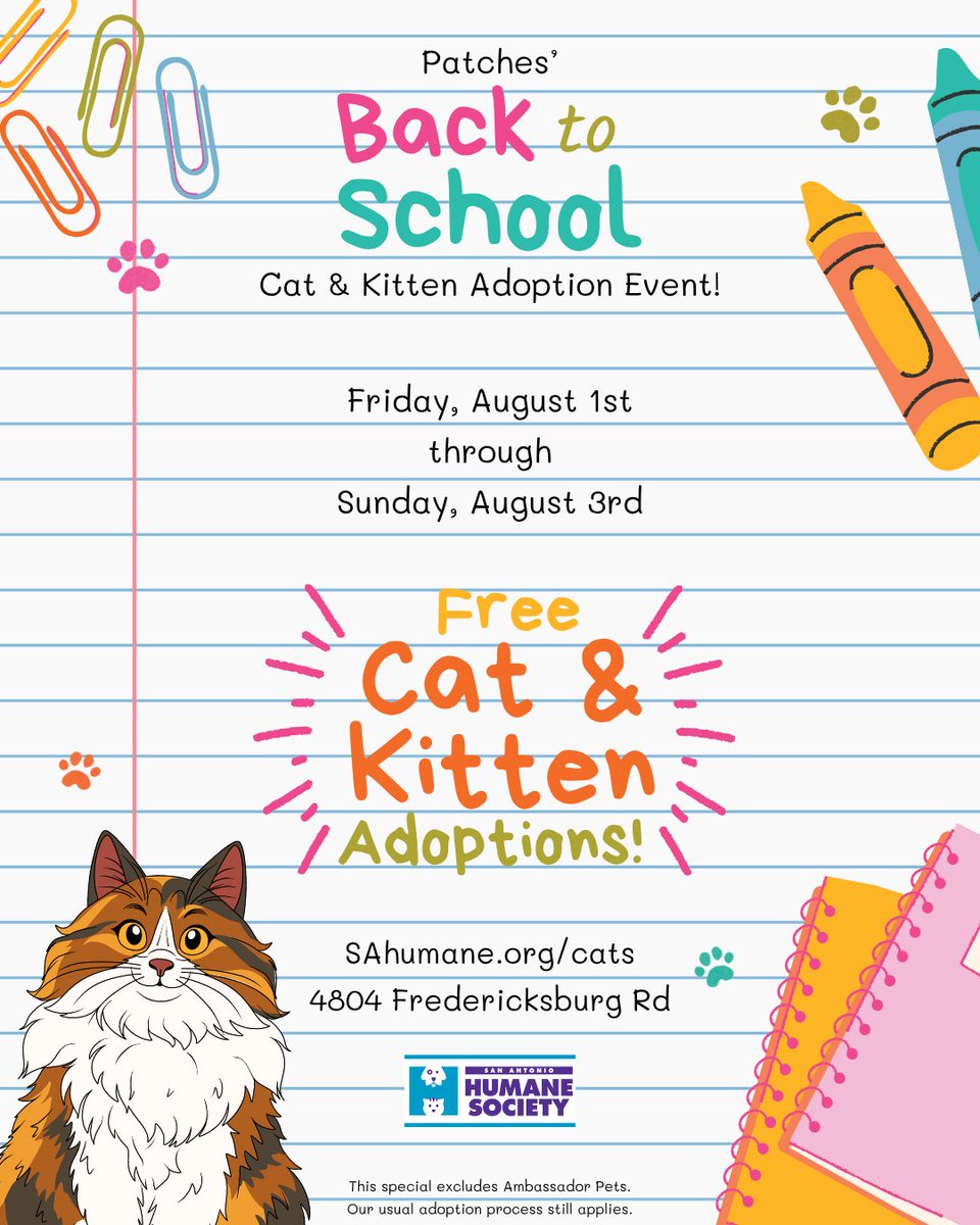 Patches’ Back to School Cat &amp; Kitten Adoption Special is this weekend only! Today through Sunday, adoption fees for ALL cats &amp; kittens are WAIVED thanks to a generous donor! Looking for the purr-fect study buddy?  Now’s the time to meet your new furry best friend. 🥰