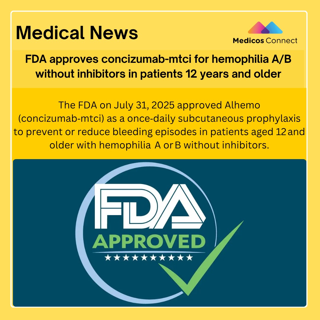 medicosconnect's tweet photo. The FDA has approved concizumab-mtci (Alhemo) for hemophilia A/B patients aged 12 and older without inhibitors, marking a significant advancement in treatment options. .

#HemophiliaTreatment #FDAApproved #ConcizumabMtci #Alhemo #MedicalBreakthrough #RareDiseaseTreatment https://t.co/Z2MQ91V6nK