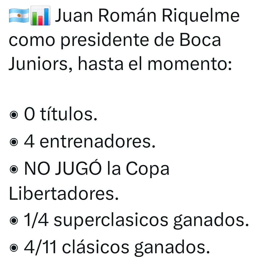 Che, un pelotudo me dijo que soy antiBoca por criticar la pésima gestión de RIQUELME. Me dice que en Boca no se critica, solo se ALIENTA. Estamos como estamos por tener muchos hinchas pelotudos como ese muchacho.