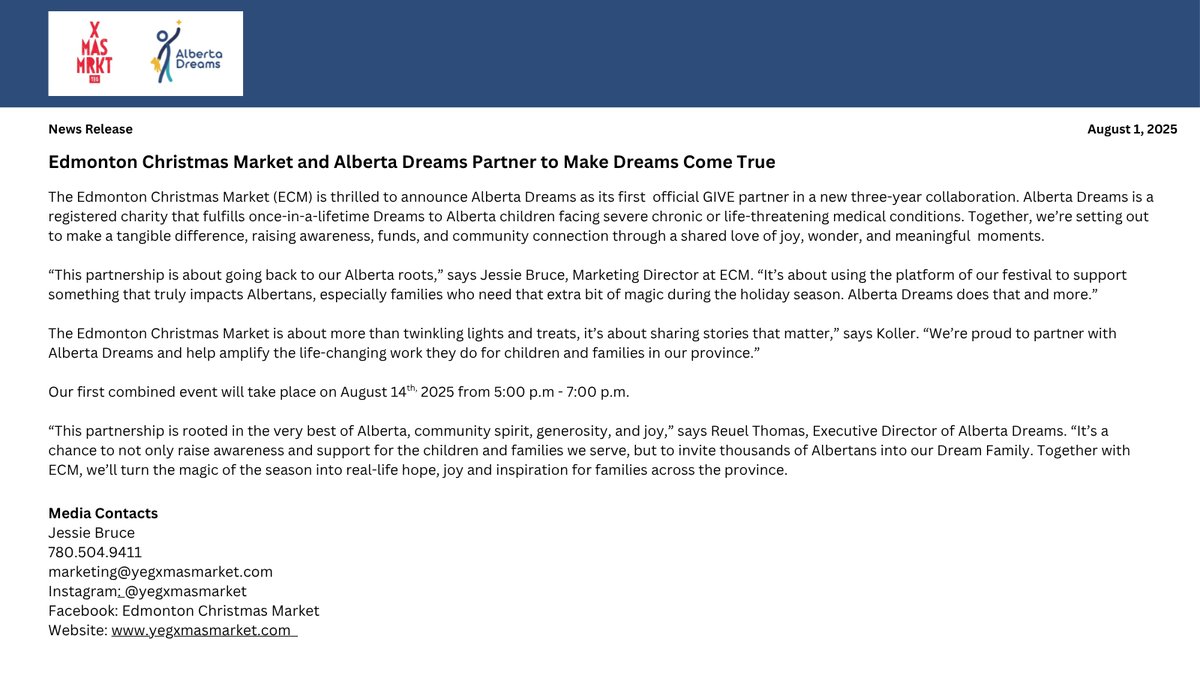 ✨ We’re excited to announce that Alberta Dreams and the Edmonton Christmas Market have partnered in a new three-year collaboration! 

Our first combined event will take place on August 14th, 2025 from 5:00 p.m - 7:00 p.m. Stay tuned for more information🌟