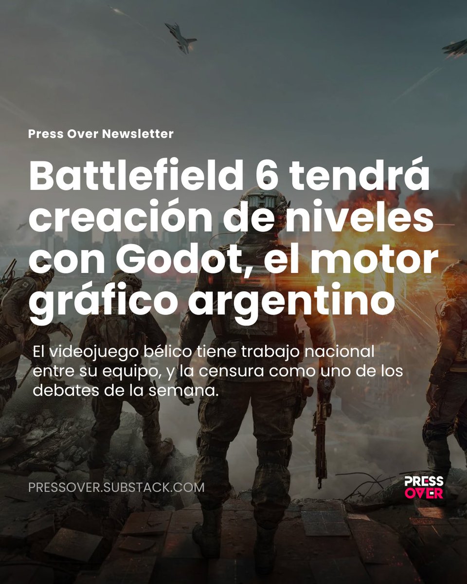¡Revisá tu mail! Ya salió un nuevo Press Over Newsletter, un resumen con las noticias más importantes de la semana. En esta edición 👉 Battlefield 6 tendrá creación de niveles con Godot, el motor gráfico argentino. Sumate y leelo en ▶ bit.ly/3STG5TI