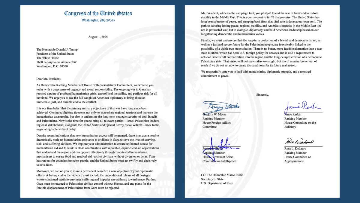 House Foreign Affairs Committee Dems (@houseforeign) on Twitter photo Ranking Members <a href="/RepGregoryMeeks/">Rep. Gregory Meeks</a>, <a href="/rosadelauro/">Rosa DeLauro</a>, <a href="/jahimes/">Jim Himes 🇺🇸🇺🇦</a>, and <a href="/RepRaskin/">Rep. Jamie Raskin</a> today sent a letter to President Trump calling on him to fulfill his campaign pledge to end the war in Gaza by working urgently to return all parties to the negotiation table.
Read the letter: Ranking Members <a href="/RepGregoryMeeks/">Rep. Gregory Meeks</a>, <a href="/rosadelauro/">Rosa DeLauro</a>, <a href="/jahimes/">Jim Himes 🇺🇸🇺🇦</a>, and <a href="/RepRaskin/">Rep. Jamie Raskin</a> today sent a letter to President Trump calling on him to fulfill his campaign pledge to end the war in Gaza by working urgently to return all parties to the negotiation table.
Read the letter:
