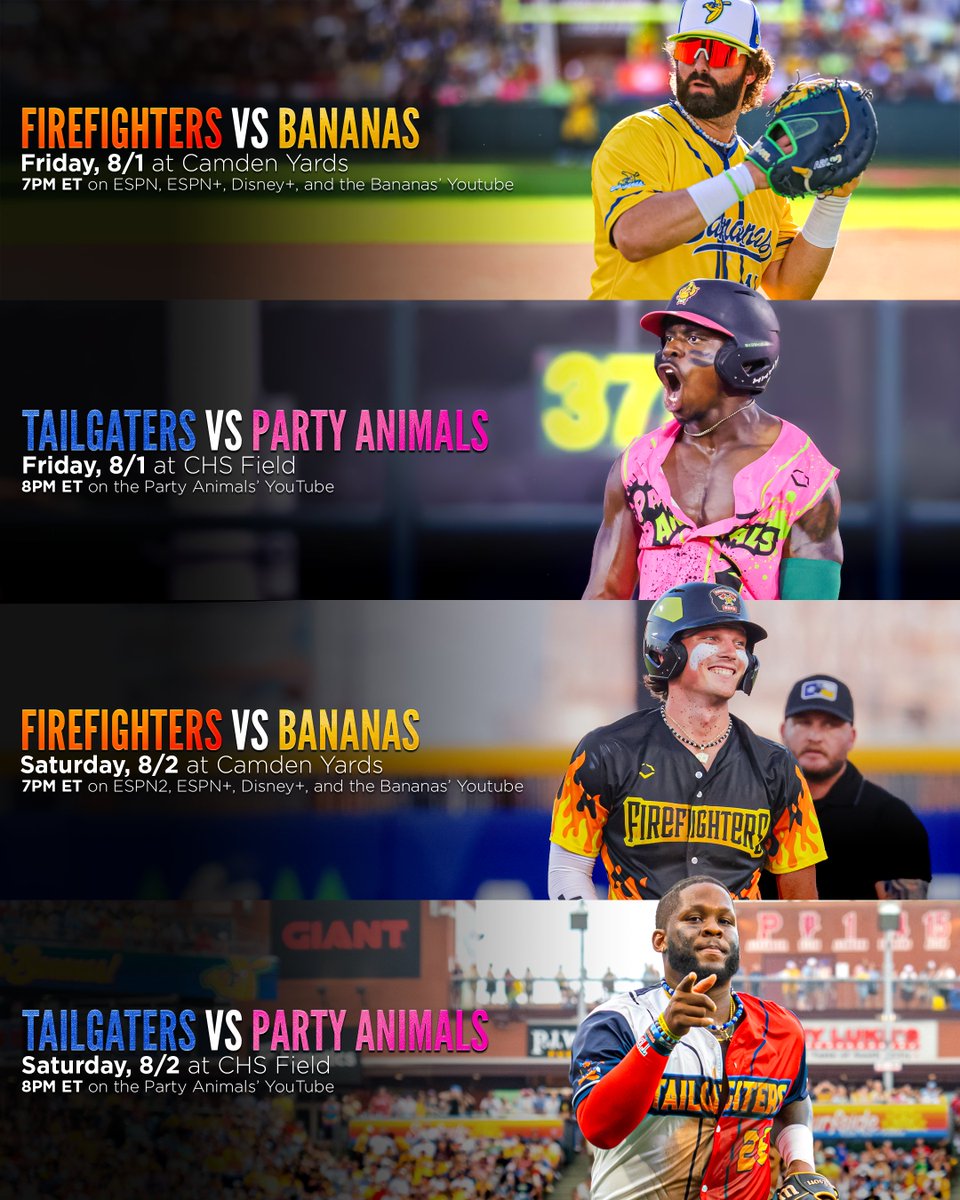 THE SAVANNAH BANANAS ARE BACK ON ESPN 📺

Tune in to see the Firefighters and <a href="/TheSavBananas/">Savannah Bananas</a> face off at Camden Yards and the Tailgaters and <a href="/ThePrtyAnimals/">The Party Animals</a> face off at CHS Field in St. Paul 🍿