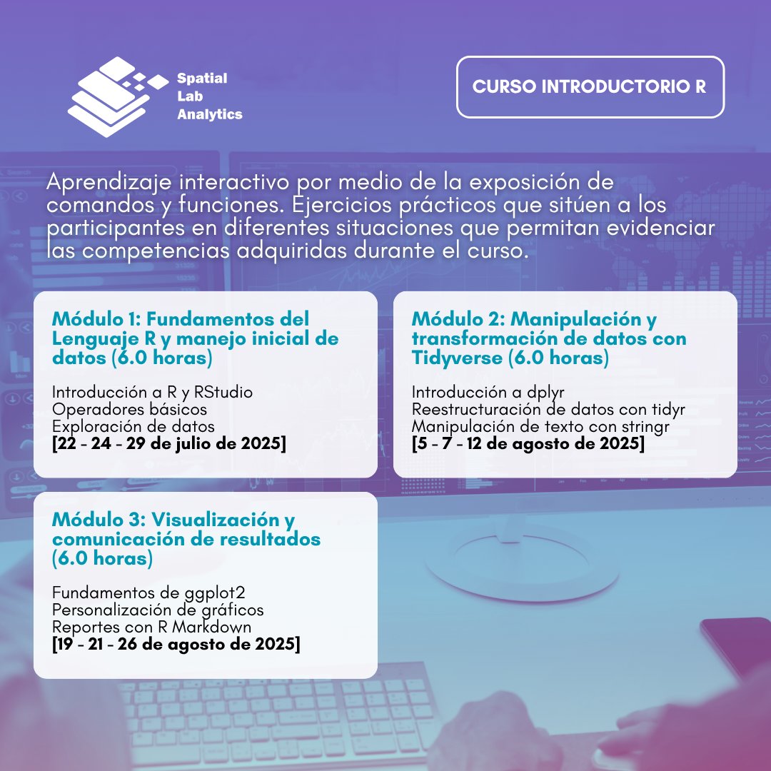 SpatialLabA's tweet image. ¿Interesada/o en aprender R?
Inicio: Martes 5 de Agosto. Inscripciones Abiertas
Módulo 2: CURSO: Introducción al Análisis de #Datos con #R para Principiantes. #SpatialLab
spatiallab.cl/2da-version-cu…