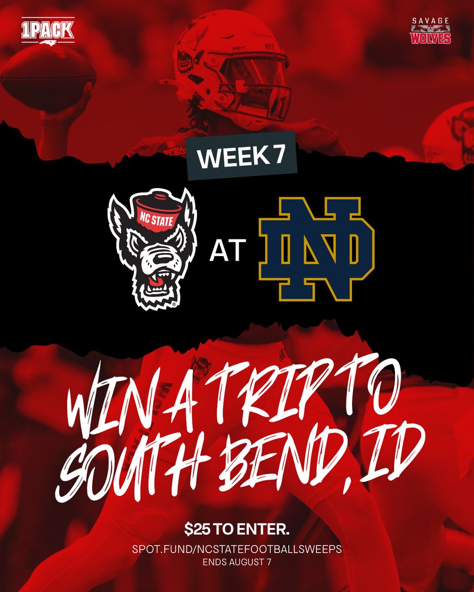 The Pack is headed to South Bend... and you could be too! 🛫🐺

Week 7: NC State at Notre Dame, on one of college football’s biggest stages. A $25 entry gets you a shot at a VIP game day experience you’ll never forget.

Enter now 👉 spot.fund/ncstatefootbal… 

#1Pack1Goal