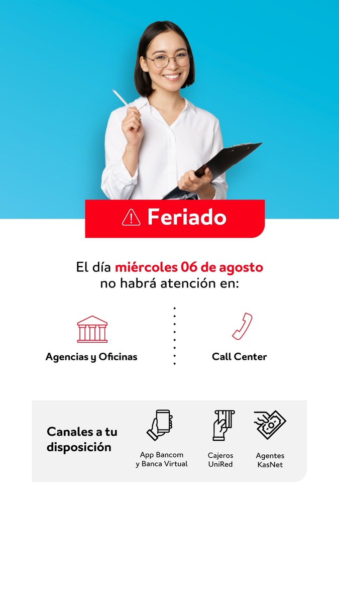 Bancompe's tweet photo. ¡Se viene el feriado por la Batalla de Junín! 🎉 Por eso, el día miércoles 6 de agosto no habrá atención en nuestras agencias y call center. Por favor, toma tus precauciones.

Conoce más canales que tenemos para ti 👇
https://t.co/W1ddScABp6 https://t.co/JGDDeCGVoJ