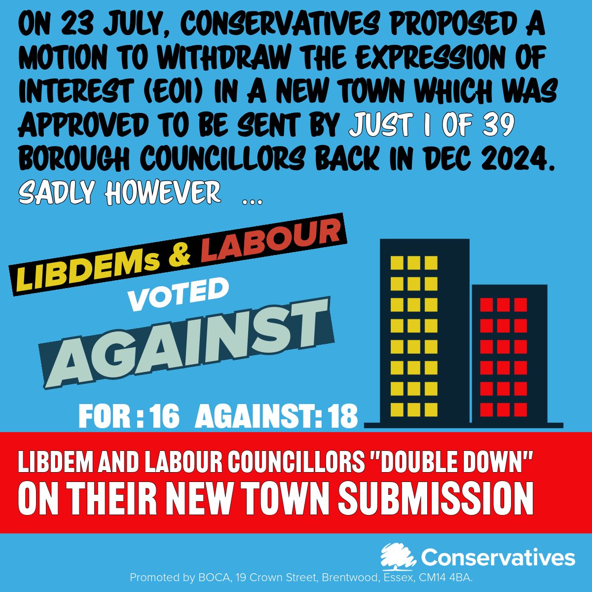 Conservatives recently proposed withdrawing an Expression of Interest for a Brentwood New Town. This was sent with the agreement of just 1 councillor.  Local Government must be transparent &amp; accountable. Sadly we were blocked 18-16 by LibDems/Labour. #Accountability #Transparency