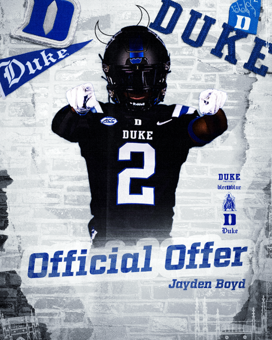 Jayden “Jb” Boyd🌟 (@jaydenk0709) on Twitter photo It was verbal....now its "Official" Let's Go‼️‼️
Bleed Blue, Bull Nation, Mr. All gas and no brakes ready for it... <a href="/Coach_MannyDiaz/">Manny Diaz</a> <a href="/VBentley_2/">V'Angelo Bentley</a> <a href="/DUFBRecruit/">Duke Football Recruiting</a> <a href="/BlueDevils247/">Duke Blue Devils</a> <a href="/DukeFOOTBALL/">Duke Football</a>
🩵🩶🩵🩶🩵 It was verbal....now its "Official" Let's Go‼️‼️
Bleed Blue, Bull Nation, Mr. All gas and no brakes ready for it... <a href="/Coach_MannyDiaz/">Manny Diaz</a> <a href="/VBentley_2/">V'Angelo Bentley</a> <a href="/DUFBRecruit/">Duke Football Recruiting</a> <a href="/BlueDevils247/">Duke Blue Devils</a> <a href="/DukeFOOTBALL/">Duke Football</a>
🩵🩶🩵🩶🩵