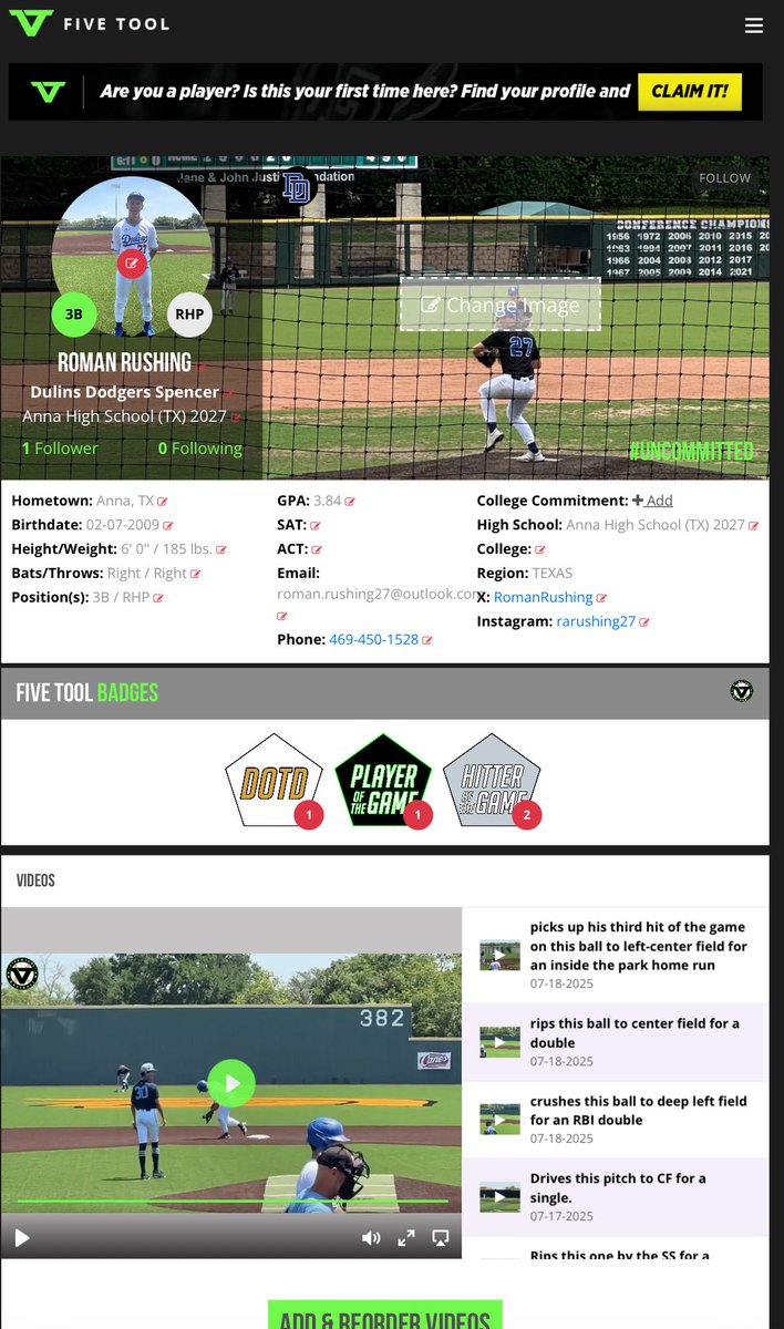 RomanRushing's tweet image. #FiveToolWS Stats

@FiveToolTexas DOTD
Hitting
5/10
.500 BA
2 1B, 2 2B, 1HR, 3BB
3 RBI
5 Runs Scored
1SB
Pitching
2IP
9 BF
36 Pitches
20 Strikes
2 SO
1 H
1ER