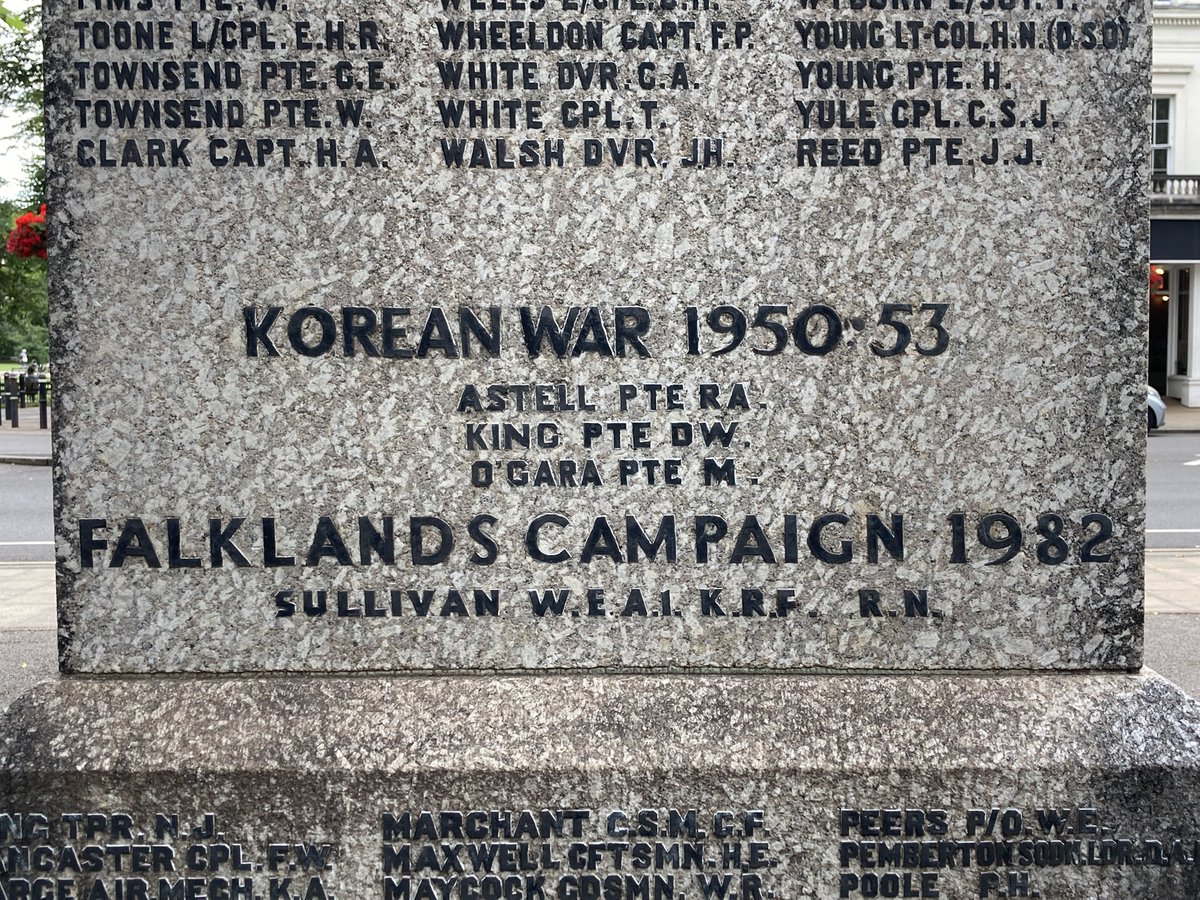 In Leamington Spa today and spotted the town’s war memorial. Many names from WW1 and WW2, but I was struck by four around the back from the Korean War and the Falklands conflict. #memorials