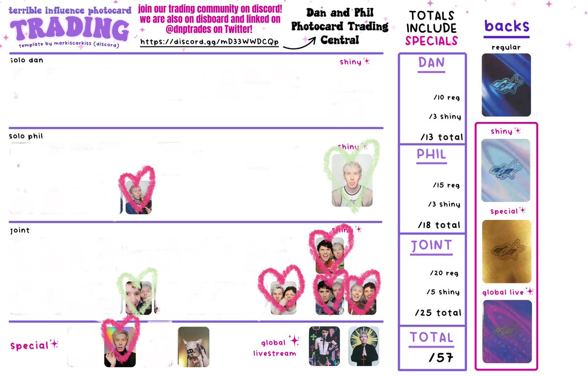 my updated dan and phil photo card trading list 💖
the ones in the pink hearts are my iso
green hearts - i have versions but with like the proper ones (not priority)
happy to trade multiple for shiny cards <a href="/dnptrades/">Dan & Phil Photocard Trading HQ</a>