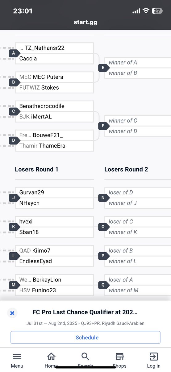 Mon bracket pour demain !

On démarre dans le looser bracket ! 
4 matchs à gagner pour accéder à la phase suivante.