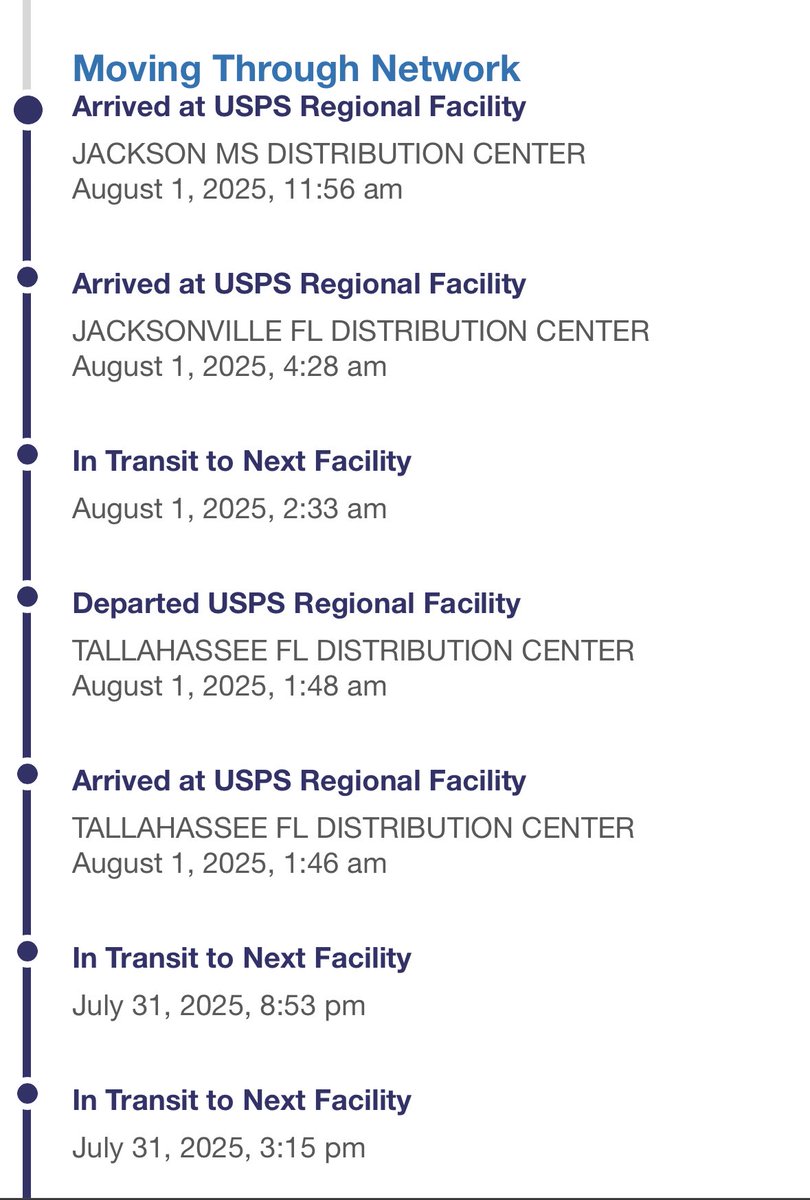 CarriePie's tweet photo. @USPS make it make sense…

From Huntsville, AL -> Dallas, TX -> Jax, FL -> Jackson, MS -> Dallas, TX -> Tallahassee, FL -> Jax,FL -> Jackson, MS -> 
    “Moving through network” 

More like taking a tour of the South! https://t.co/0Kqh0qNMP2
