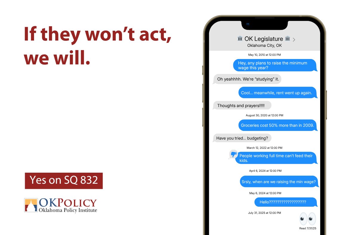 OKPolicy's tweet photo. ๐ฑWe've been asking to raise the minimum wage since 2010.
๐ง๐ฝโโ๏ธ Lawmakers? Still โstudying it.โ
If they wonโt act, we will.
โ
Vote YES on SQ 832.
#SQ832 #MinimumWage #Oklahoma #StateQuestion832 #OKLeg #OKPolicy https://t.co/8CYRDe7S2P