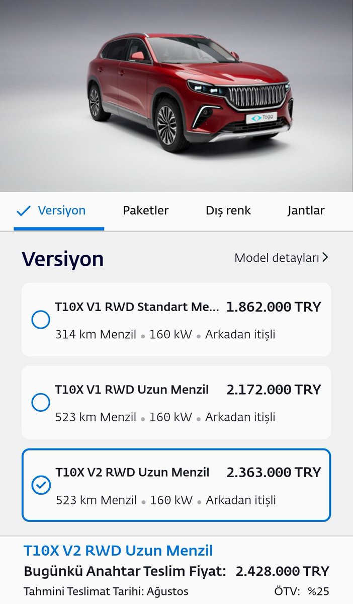 🇹🇷 Togg’a dair içimiz burkuluyor…

Bugün sadece bir otomobilin değil, bir hayalin ağırlaştığına tanıklık ediyoruz.

20 ay boyunca zam yapmayan, “halkın otomobili” olarak lanse edilen Togg, artık %25’lik ÖTV diliminde yer alıyor. T10X V1’in fiyatı 1.862.000 TL’ye, T10X V2’nin