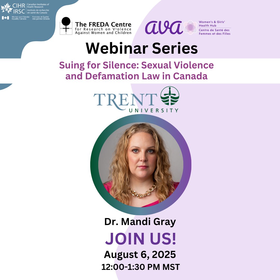 Join us on Wednesday, August 6th, as the AVA Webinar Series presents Suing for Silence: Sexual Violence and Defamation Law in Canada, featuring Dr. Mandi Gray from Trent University.

⏰ 12 – 1:30pm MST

avatraining.ca/webinars/